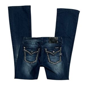 Miss Me | Y2K Signature-Rise Boot Cut Low Rise Dark Wash Embroidered Jeans